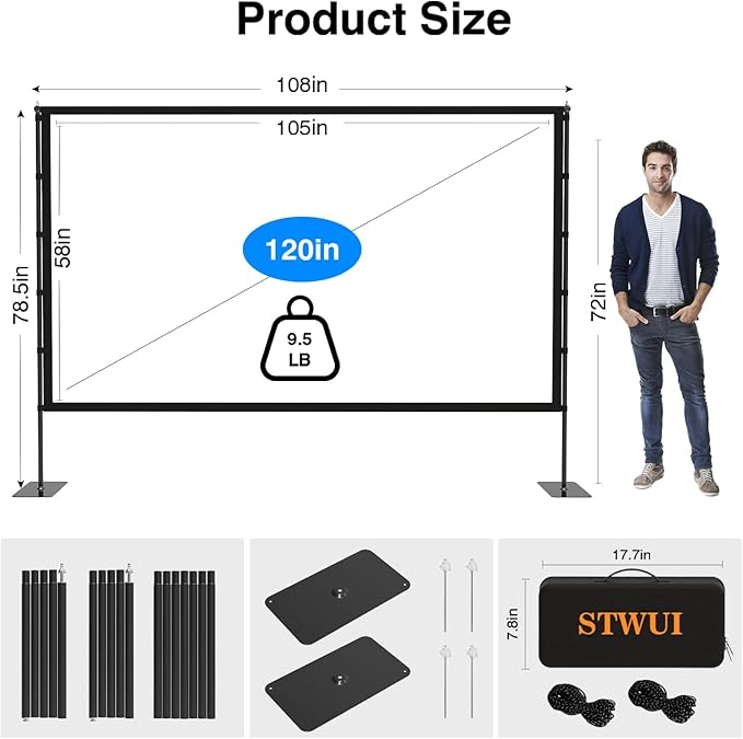 STWUI Outdoor-Projector-Screen-with-Stand - 120 inch Portable Projector Screen Indoor Outdoor Projector Screens 16:9 4K HD Lightweight Movie Screen with Carry Bag for Backyard Movie Night