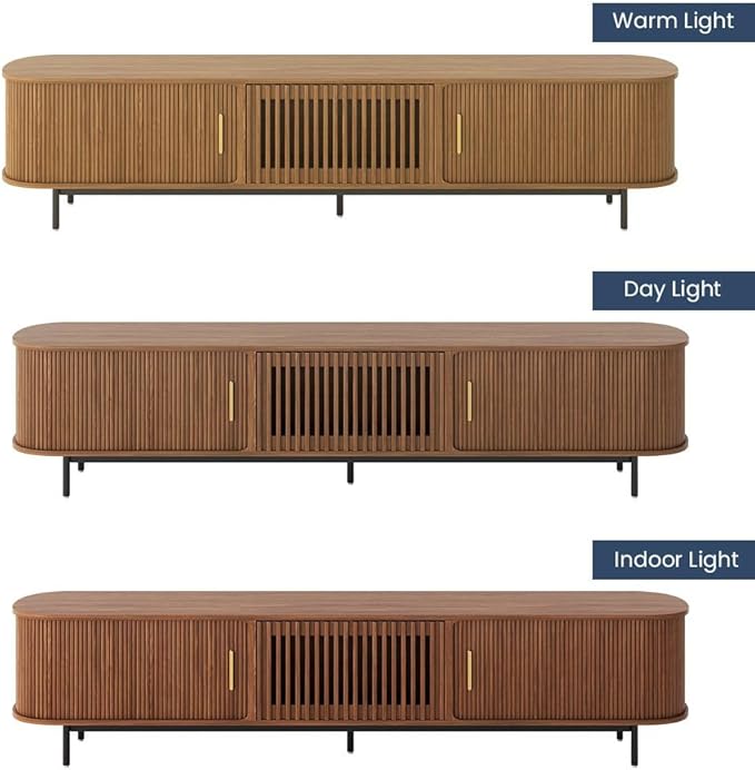POVISON Sliding Tambour Door TV Stand with LED Lights, Mid Century Modern TV Console, Wood Media Console, Entertainment Center with Storage Cabinet, Fully-Assembled (Walnut, 94.49")