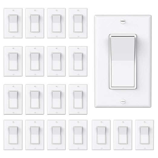 ThunderWay 3 Way Decorator Light Switch with Wall Plates, 15A 120/277V Decora Three Way Electrical Wall Paddle Rocker Switches Replacement, Residential Grade, UL Listed, Glossy White(20 Pack)