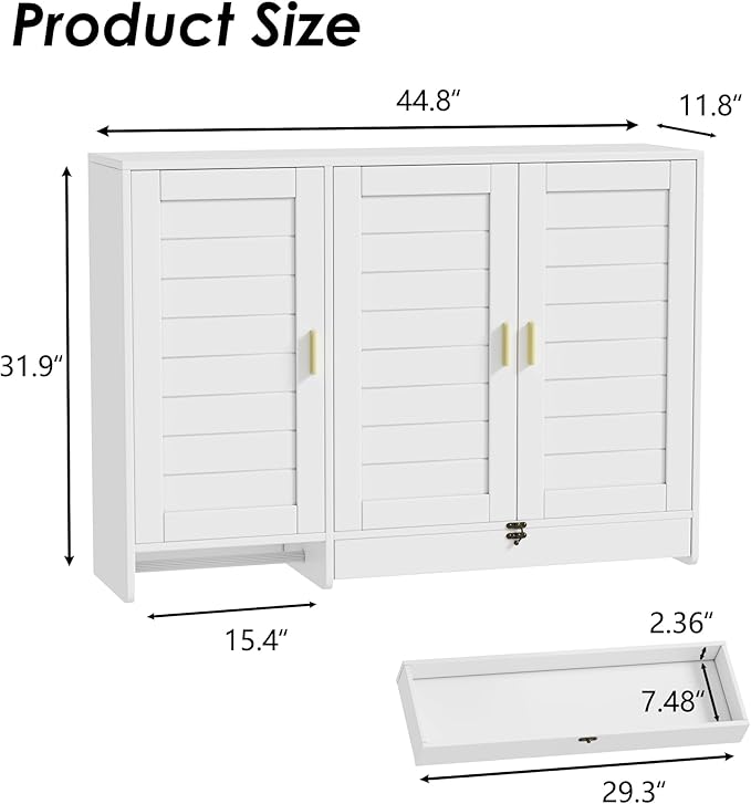 PAKASEPT 44.8" W Kitchen Wall Cabinet, Laundry Room Cabinets - Bathroom Wall Cabinet with Flip-Bottom Drawer and Hanging Rod, Storage Cabinets for Bathroom, Kitchen, Entryway, Laundry Room