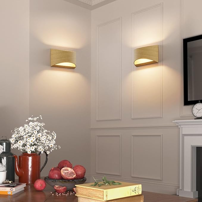 Aipsun Aluminum Modern LED Wall Sconce Hardwired Interior Wall Lights Set of 2 Wood Texture Up and Down Wall Mount Light for Living Room Bedroom Hallway Corridor Warm White 3000K(with G9 Bulbs)
