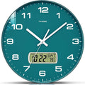 TIMESS Wall Clock, 13" Dial Non-Ticking Silent Battery Operated Analog with LCD Display for Perpetual Calendar and F° Temperature, Ideal Modern Home, Office Decor (Green)