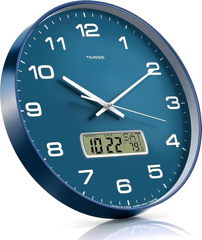 TIMESS Wall Clock, 13" Dial Non-Ticking Silent Battery Operated Analog with LCD Display for Perpetual Calendar and F° Temperature, Ideal Modern Home, Office Decor (Blue)