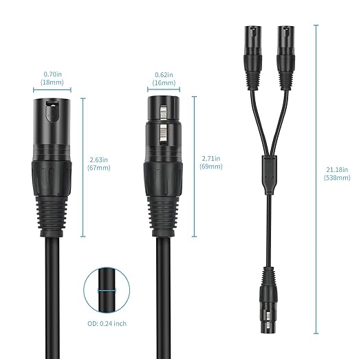 5 Pack XLR Splitter Cable,1 Female to 2 Male, 1.5FT Stereo Mic to L&R Audio Y-Splitter Cable