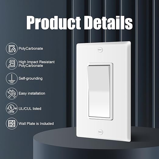 ThunderWay Single Pole Decorator Wall Light Switch with Wall Plate, 15A 120V/277V, On/Off Paddle Switch, Residential Grade - UL Listed, White (50)