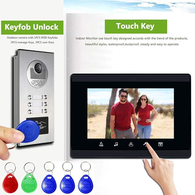 AMOCAM Upgrade Versions 2 Units Apartment Intercom System 7 inch Touch Monitor Video Door Phone Kits Support Ethernet Cable Connect, Single-Supply, ID Keyfobs Unlock for Home Apartment