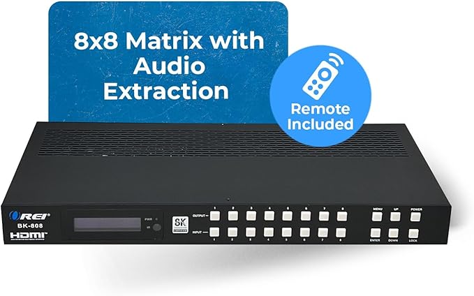 OREI 8K 8x8 HDMI Matrix Switch, Switcher with Audio Extractor UltraHD Supports Upto 4K @ 120Hz IR EDID HDCP 2.3 - Remote Control HDR10+ Dolby Vision, VRR, ALLM (BK-808)