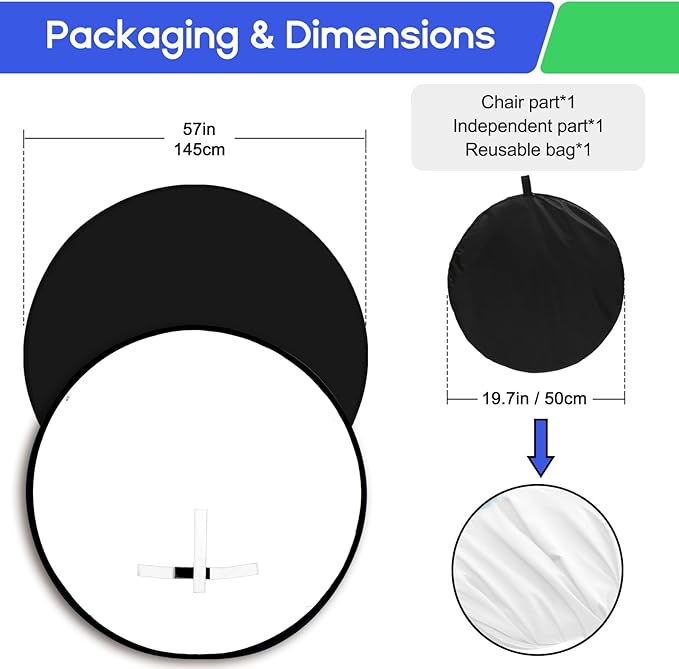 Portable Black White Screen Chair, 57 in Screen Backdrop with Stand 2-in-1Double Sided Foldable Blackwhite Background, for Video Chats and Meetings, Photography, Photo Zoom, Streaming Games