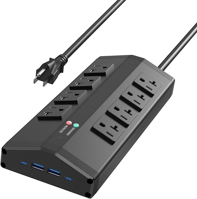 JUNNUJ Heavy Duty Power Strip with 8 Outlets and 4 USB Ports, Metal Wall Mount Surge Protector with 20 Amp 12 Gauge 6 FT Extension Cord for Garage, Industrial, Shop, ETL Listed