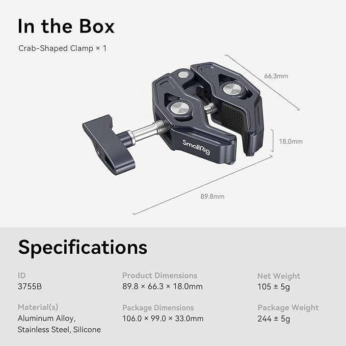 SMALLRIG Crab-Shaped Super Clamp, Camera Mount, 1/4"-20, 3/8"-16 Threaded Holes, 7.7lbs/3.5kg Payload, Compatible with Cameras, Monitors, LED Lights, etc.