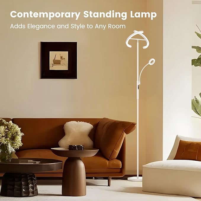 SIBRILLE White LED Floor Lamp - Dimmable 2 Lights Standing Lamp with Remote&Touch Control, 4 Color& 10 Brighness Adjustable Floor Reading Light, Modern Tall Lamp for Living Room Bedroom Office Corner