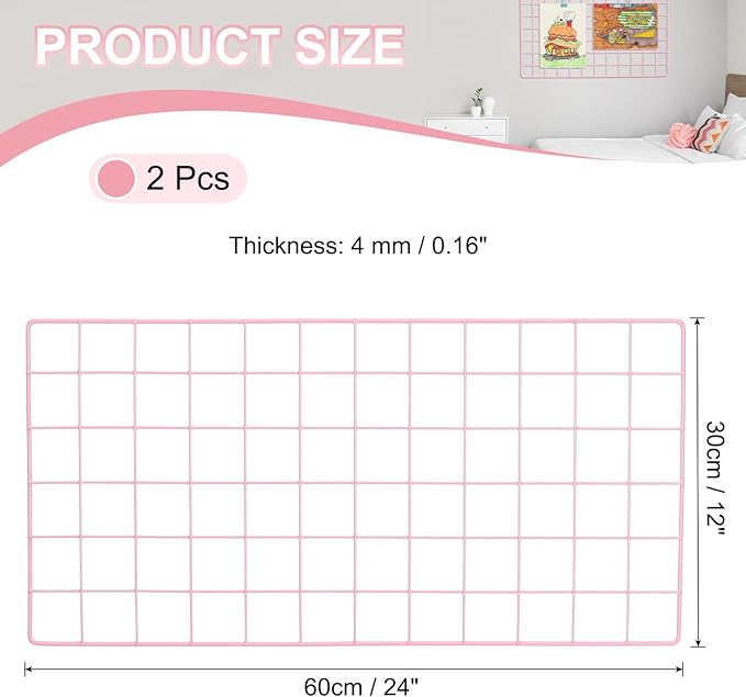 PATIKIL 24"x12" Wire Grid Panel, 2 Pack Board Photo Pictures Memo Display Grid Panels Hanging Organizer Wall Decorative Panel for Home Office Wedding, Pink
