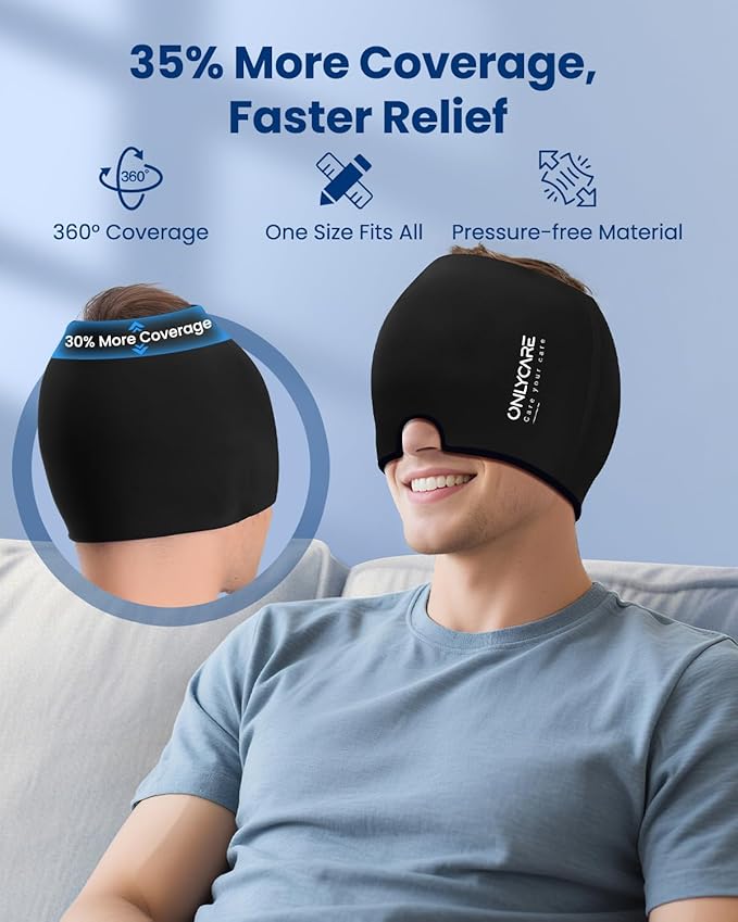 ONLYCARE Migraine Relief Cap, Upgraded Odorless Headache Relief Cap, 360° Gel Surround Ice Pack Mask for Migraine, Sinus, Stress, Frontal Headaches (Black)