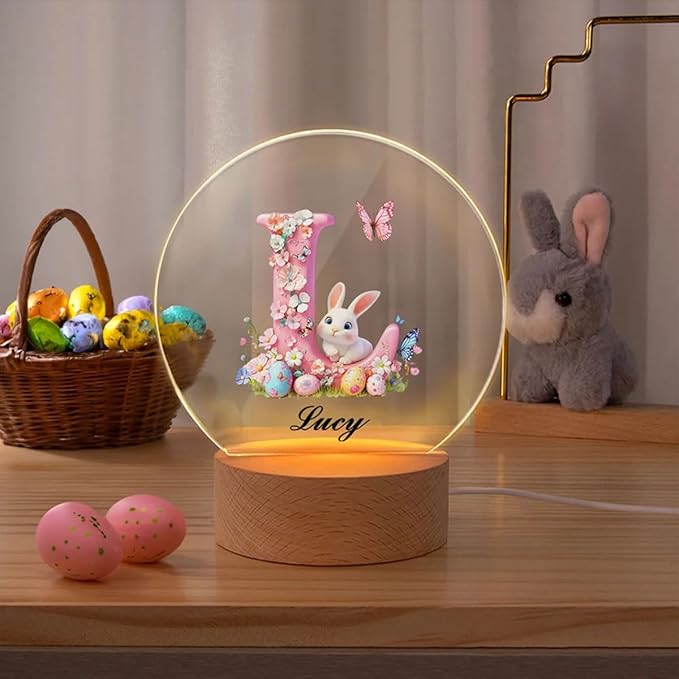 idooodle Personalized Pink Bunny Easter Egg 3D Initial LED Night Light with Name & Wooden, Base Room Decor, Birthday Party Easter Gift for Kids