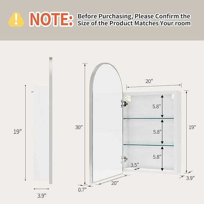 Arched Medicine Cabinet with Mirror,Silver Bathroom Mirrored Medicine Cabinet Organizer,Bath Vanity Mirror with Storage,Aluminum Wall Mount with Adjustable Shelves,20 x30 inch