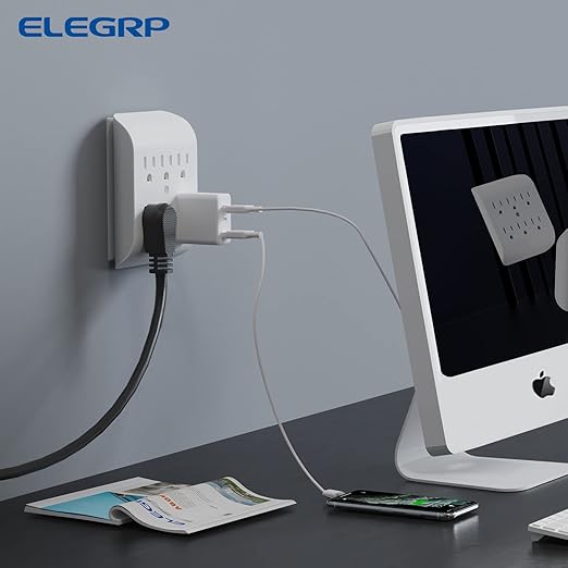 ELEGRP 6-Outlet Extender with Central Anchor, 3-Prong Grounded Wall Tab, Multiple Outlet Extender with 6 Electrical Outlets, ETL Listed, 1 Packs, White
