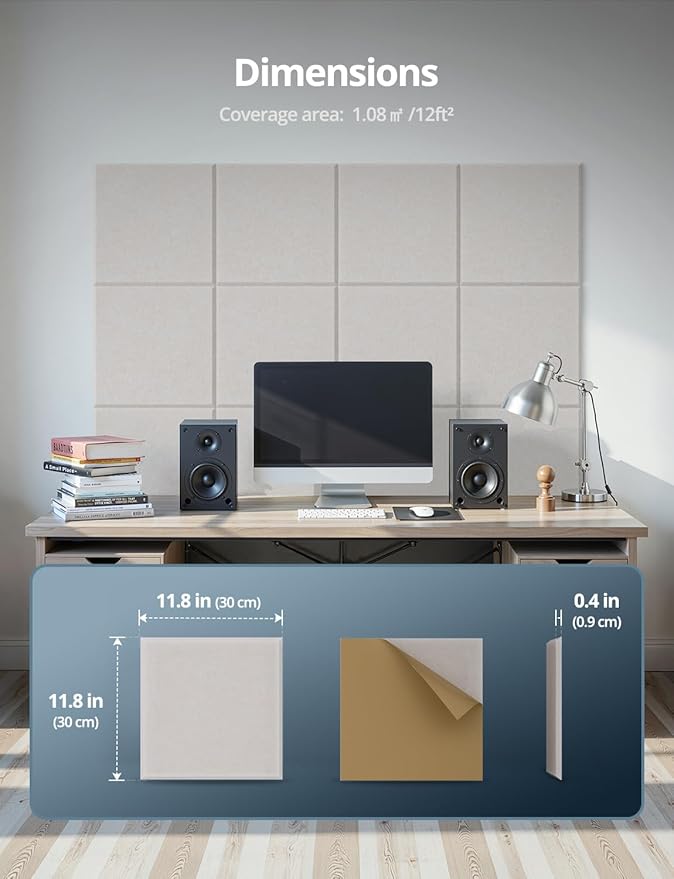 Square Acoustic Wall Panels, Sound Absorbing Panels for Walls, Ceiling, Doors, 12 Pack 12"x12"x0.4" Self Adhesive Decorative Beige Acoustic Tiles for Recording Studio, Office, Room, Home