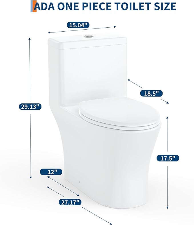 One Piece Toilet with ADA Height - Elongated Ceramic Design, Soft Closing PP Toilet Cover, Easy Clean Surface, Water Efficient Flush, Compact Durable Build