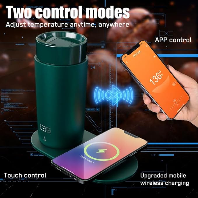 Temperature Control Heated Coffee Mug Smart Self Heating Travel Mug 12 Oz App Controlled Warmer Mug 4-10 Hour LED Display Keep Coffee Hot Fast Wireless Charger Base Jade Green