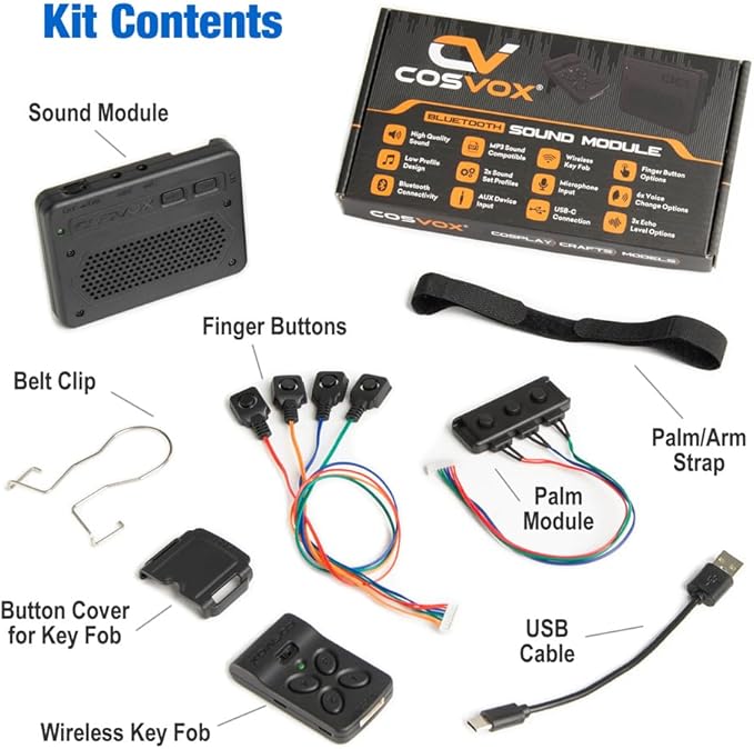 COSVOX Cosplay Sound Glove Wireless Bluetooth Sound Effects Module. Bring Cosplay Props to Life and Interact with Voice Lines, Sound Effects & Music. Download MP3 Audio or use The Voice Changer. 16MB