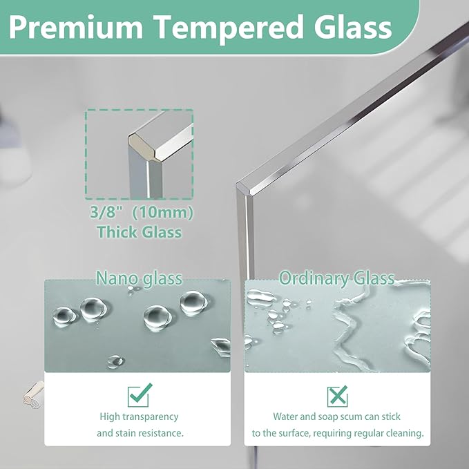 35"x74" Semi-Framed Shower Screen, Single Fixed Shower Glass Panel for Bathroom, 3/8" Tempered Glass with Dual-Sided Nano Coating, Reversible Install, Matte Black