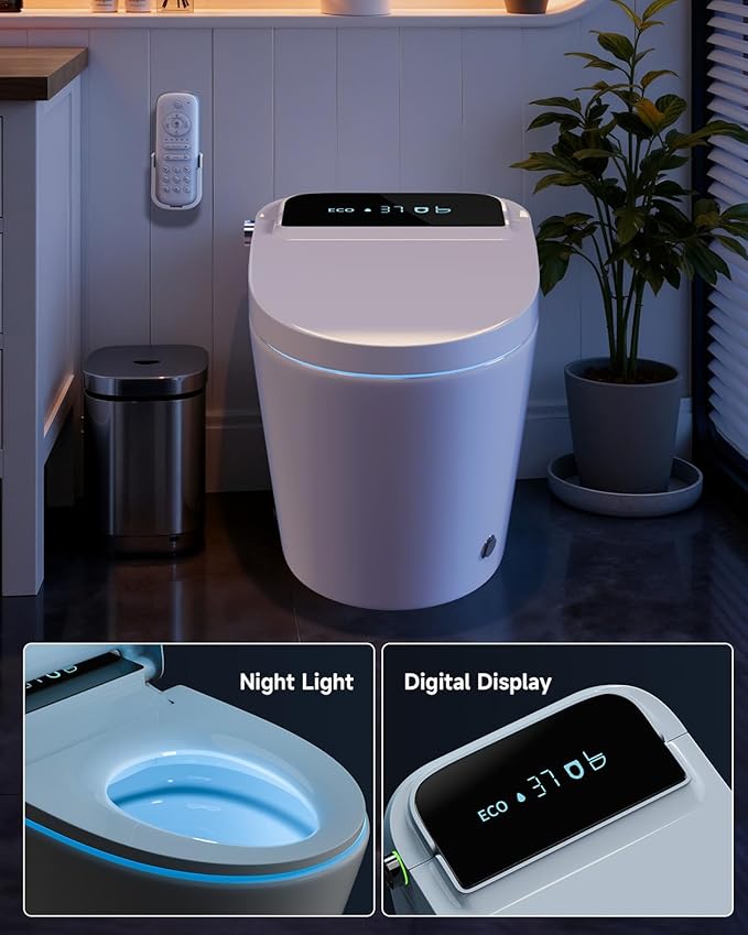 WANSID Smart Toilet with Bidet Built-in and Tankless, Auto Open/Close, Heated Seat, Instant Warm Water & Dryer, Foot Sensor Operation, Elongated One-Piece Modern Toilet for Bathroom, Digital Display