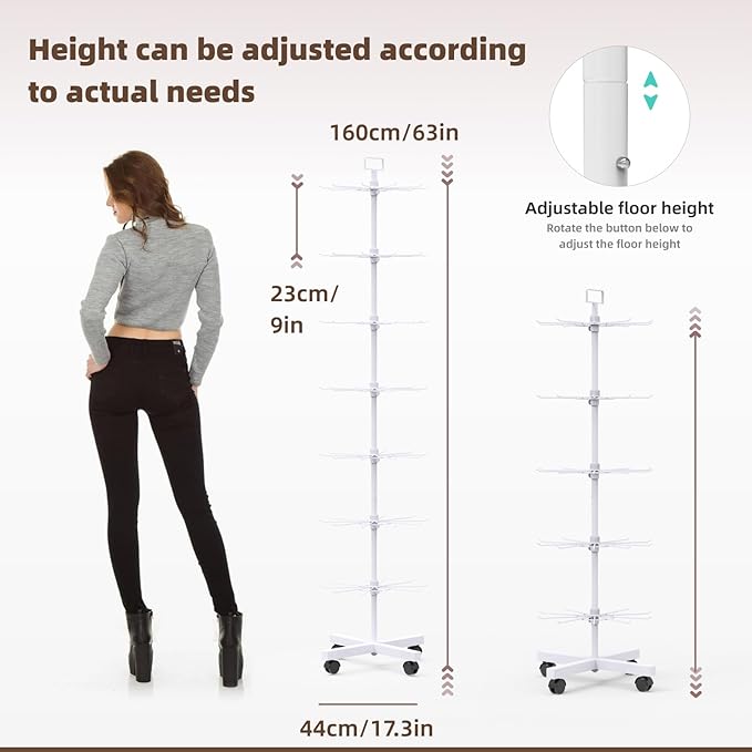 YEOOE Retail Display Racks 7 Tier Spinning Display Stand, Movable Shop Spinner Rack with Hooks, Retail Display Stand for Jewelry Keyring Hats Socks Toys (White)