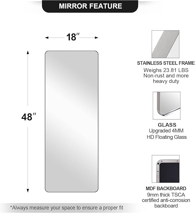 ANDY STAR 18" x 48" Full Length Wall Mirror, Large Brushed Nickel Mirror for Bathroom, Rounded Corner Rectangle Body Mirror for Floor and Leaning