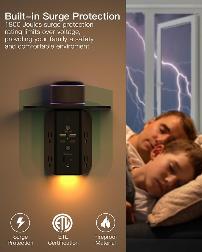 Wall Outlet Extender with Shelf and Night Light, Surge Protector, USB Wall Charger with 5 AC Outlets and 2 USB A Ports 2 USB C Ports Wide Space 3-Sided Power Strip Multi Plug Outlets, Black