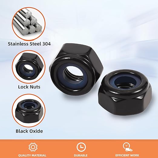 MewuDecor 3/8-16 Nylon Insert Hex Lock Nuts Locknuts, 304 Stainless Steel 18-8, Black Oxide, 50 PCS