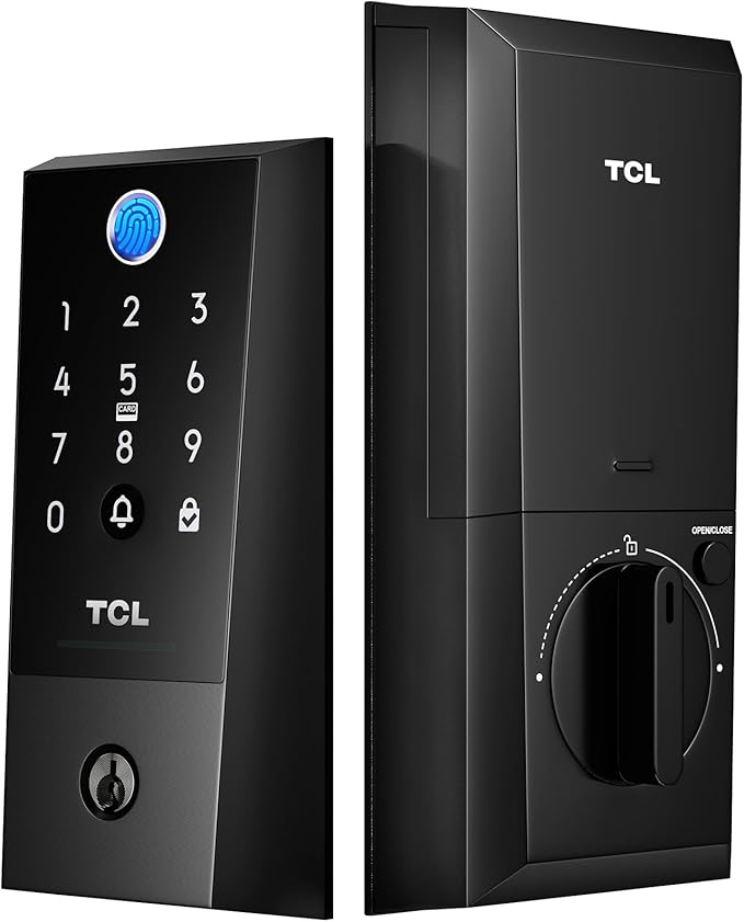 TCL D2 Plus Fingerprint Smart Lock, Wi-Fi Keyless Entry Door Lock, IP55 Weatherproof, Built-in Doorbell, Auto Lock, Easy Install, Black