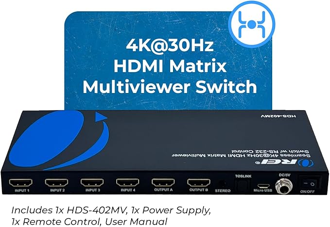 OREI Quad Multi HDMI Viewer 4 in 2 Out, HDMI Matrix Switcher 4 Ports Seamless Switching and IR Remote Supports 4K PIP PS5/PC/DVD/Security Camera, HDMI Switch RS-232 Optical Out - HDS-402MV