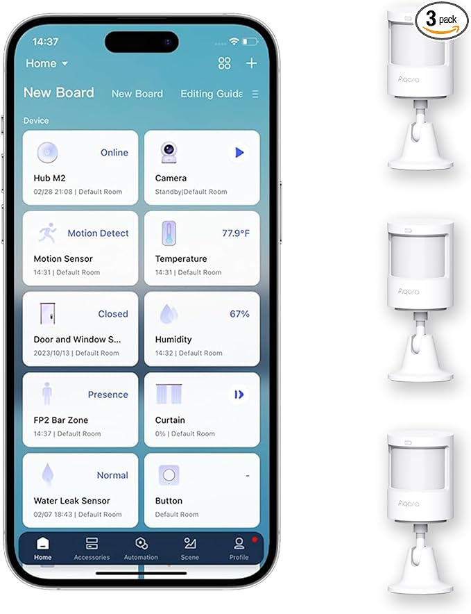 Aqara Zigbee Motion Sensor P1 3 Pack, Smart Motion Detector for Alarm System and Home Automations, 5-Year Battery Life, Pet Friendly, Compatible with HomeKit, Alexa, HomeKit, IFTTT, Requires Aqara Hub