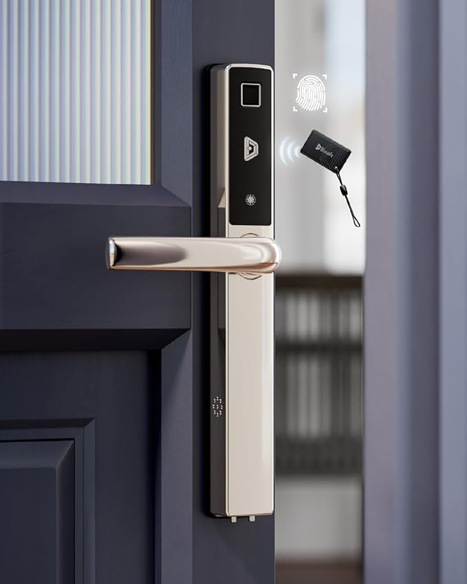 Blusafe Electronic Smart Door Lock Fingerprint Door Lock with Keypad，Smart Lock for Front Door Children Proof IC Card, App Control & Mechanical Key 40–90mm Multipoint Locks(OS Frosted Silver)