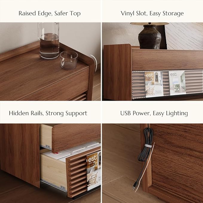 POVISON Fully-Assembled Mid Century Modern TV Stand, 118.11" Wood Media Console with Adjustable LED Light, Entertainment Center with Storage for Living Room
