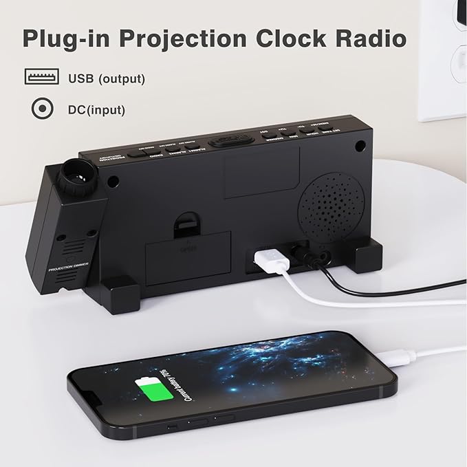 Mesqool Projection Alarm Clock with FM Radio,Large Number Display & Dimmer,USB Charger,Sleep Timer,Battery Backup,Dual Alarms,Clock Radio for Bedroom Heavy Sleepers
