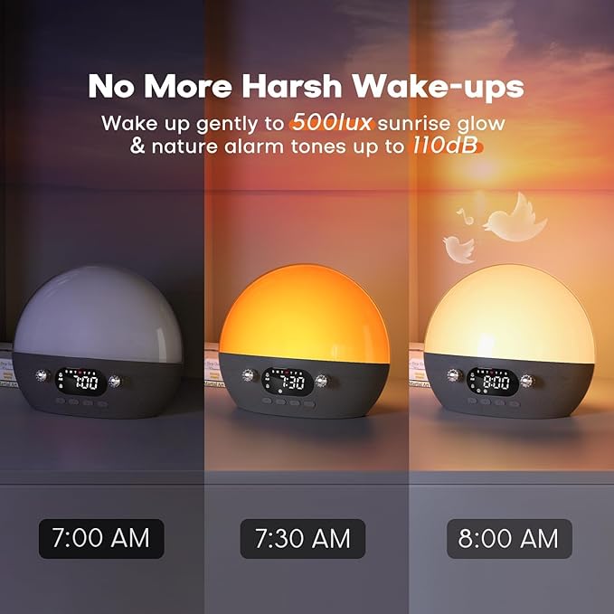 Dekala RestOnn Sunrise Alarm Clock Sunset Sound Machine 7-Day Programmable Loud Dual Alarm Clock, White Noise Natural Sounds for Sleeping Bluetooth Speaker Amber Night Light