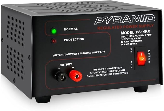 Pyramid Universal Compact Bench Power Supply - 12 Amp Linear Regulated Home Lab Benchtop AC-to-DC 12V Converter w/ 13.8 Volt DC 115V AC 270 Watt Power Input, Screw Type Terminals, Cooling Fan PS14KX