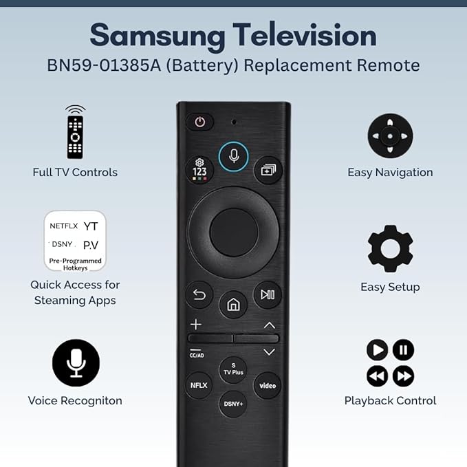 BN59-01385A Samsung TV Remote Control Replacement for Smart TV - Easy Setup, Universal Voice Remote, No Solarcell - Works with Samsung QLED, Frame, Crystal UHD, 4K, & LED Smart TVs