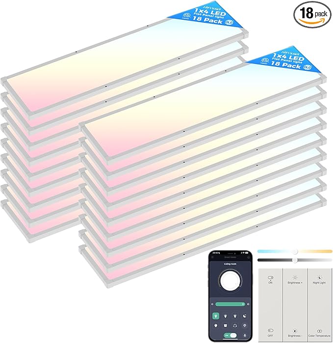 AIKVSXER 18 Pack 1x4 FT LED Flat Panel Light Surface Mount, with Wireless Switch & App Control, Night Mode, 50W 5500LM, 3000K/4000K/6500K, Ultra-Thin LED Light for Office Home,120-277V - White