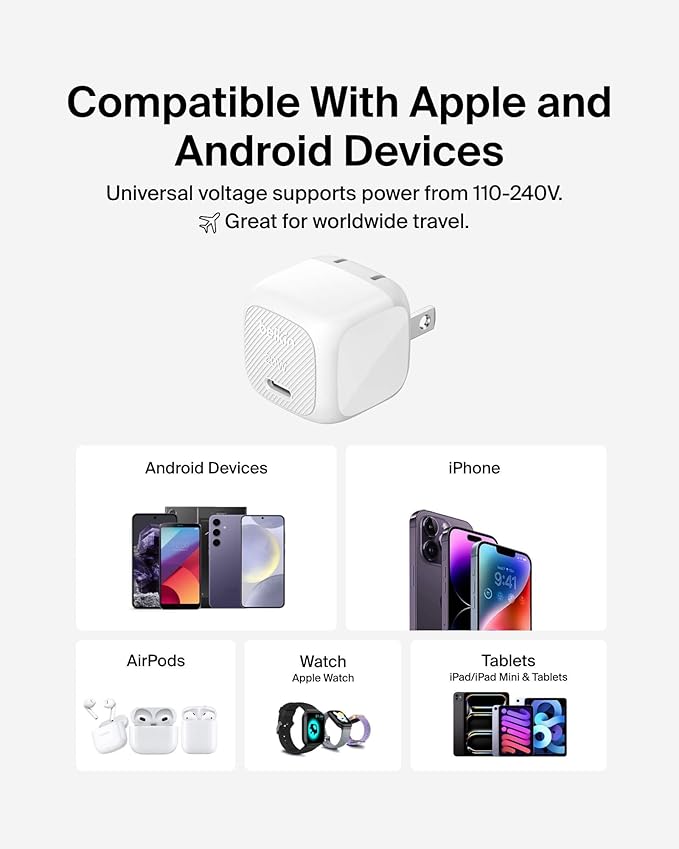 Belkin USB C Charger Block 20W, Fast Charging Block, Type C Wall Charger, Compatible w/Apple iPhone 17, Air, Pro, AirPods, Apple Watch, Samsung Galaxy S25, Google Pixel 10, iPad,etc - White