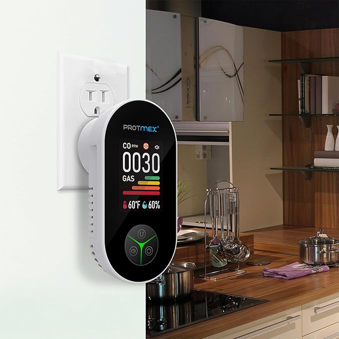 Protmex 4-in-1 Carbon Monoxide & Gas Detectors Plug in Large LCD Screen, Home CO Gas Detector with Temperature & Humidity Monitoring - 4 in 1 CO and Gas Detector Easy Installation for Home Travel