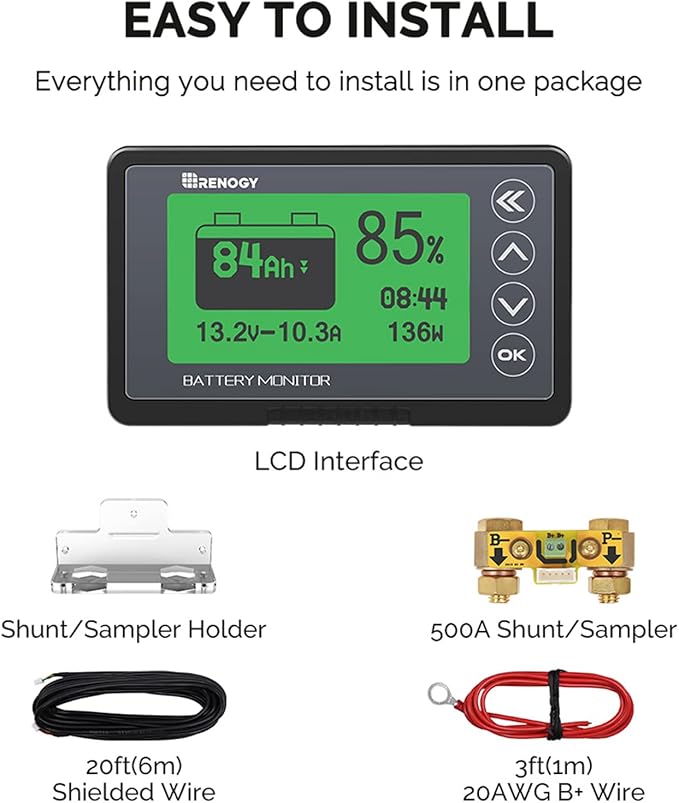 Renogy 500A Battery Monitor with Shunt, High and Low Voltage Programmable Alarm, Range 10V-120V up to 500A, 20ft Shielded Cable, Compatible 12V Lithium Sealed, Gel, Flooded Batteries,Black