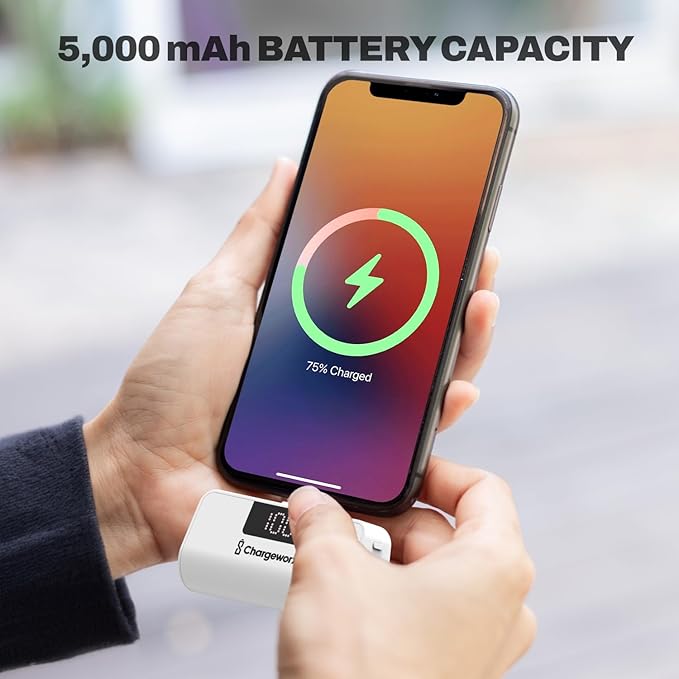 CHARGEWORX Mini Portable Charger Power Bank with Built-in Lightning Output, 5,000 mAh Power Bank with Fast-Charge Dual Output, Pass-Through Charging, LCD Display, Compact Design, White