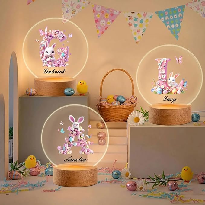idooodle Personalized Pink Bunny Easter Egg 3D Initial LED Night Light with Name & Wooden, Base Room Decor, Birthday Party Easter Gift for Kids