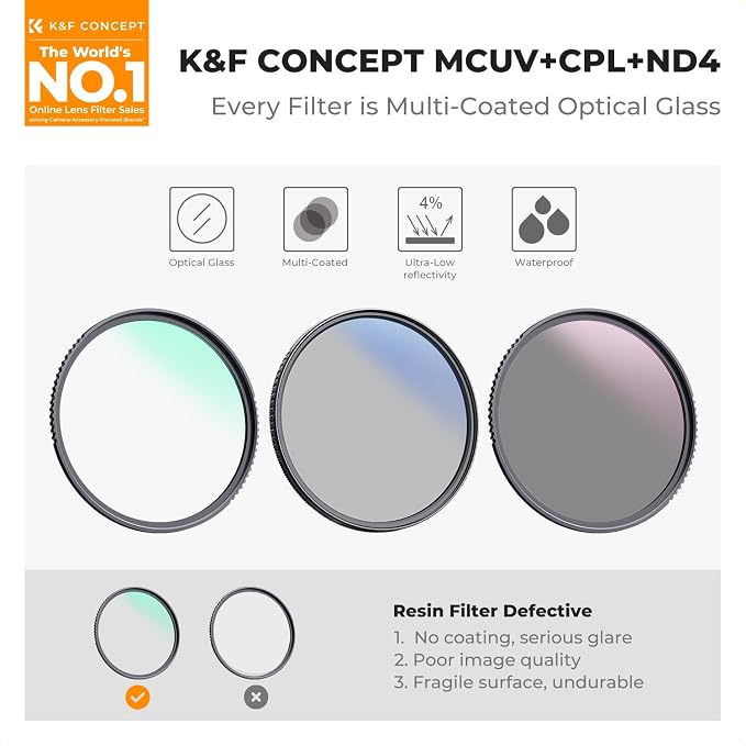 K&F Concept 67mm UV/CPL/ND Lens Filter Kit-18 Multi-Layer Coatings, UV Filter + - Image 2