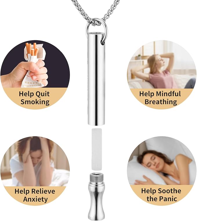 Replace Bad Habit Flavored Air Necklace with 12pcs Refillable Cores in 4 Flavors, Habit Support Refreshing Necklace for Stress Relief Sensory Fidget for Adults (Silver)