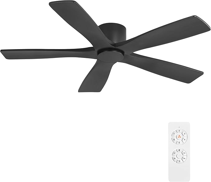 WINGBO 54" Flush Mount DC Ceiling Fans Without Lights, 5 Carved Solid Wood Blades, 6-Speed Reversible DC Motor, Low Profile Hugger Ceiling Fan No Lights for Living Room Bedroom Patio, Matte Black