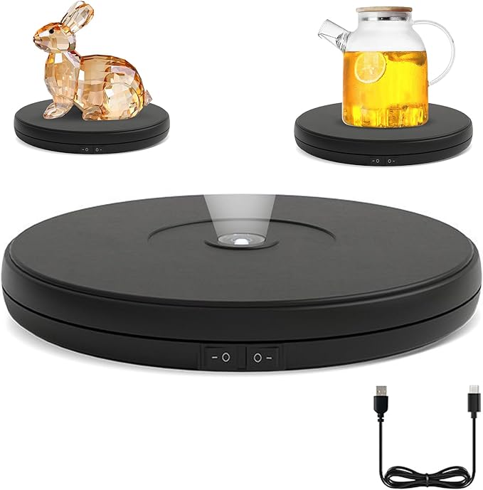 YVV 10'' LED Rotating Display Stand, 360° Motorized Turntable with Lights, 22lbs Capacity Electric Spinner Base for Product Photography, Jewelry, Exhibitions – USB Powered (Black)