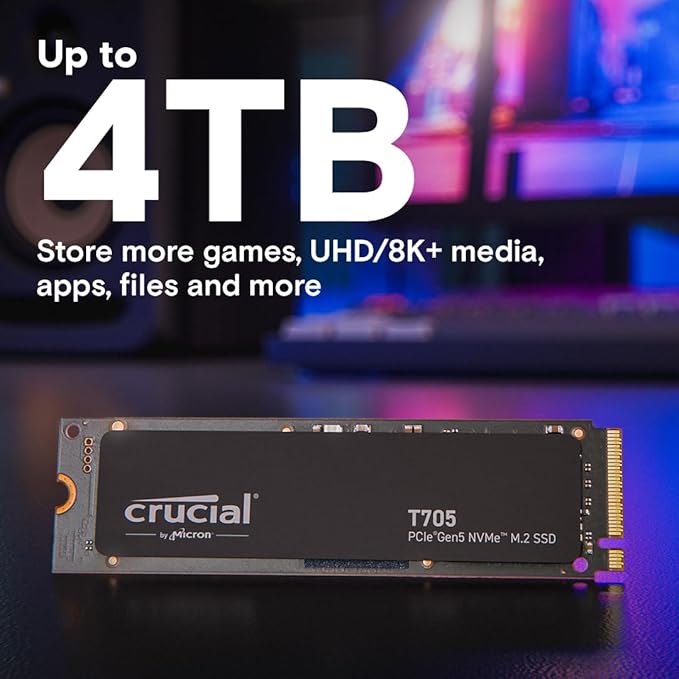Crucial T705 PCIe Gen5 NVMe 4TB SSD, Up to 14,100MB/s, TLC NAND, Intel & Ryzen Compatible, for Hardcore Gaming & High-Speed Storage, Solid State Drive, Includes 1Mo Adobe CC – CT4000T705SSD3